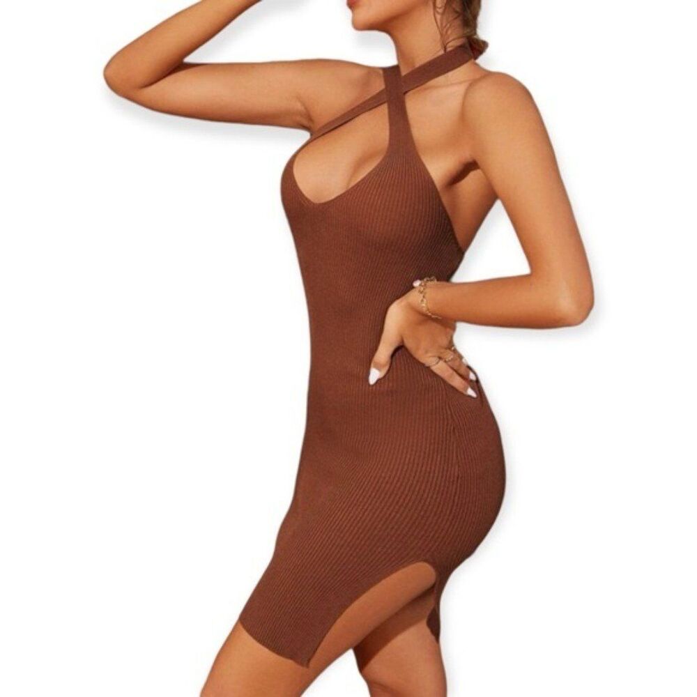 SHEIN Criss Cross Halter Neck Ribbed Knit Side Slit Mini Dress